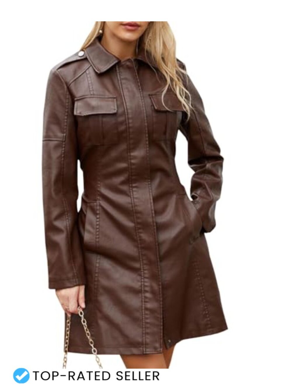 Faux PU Leather Trench Coat Mid Length Zip Up Belted Overcoat